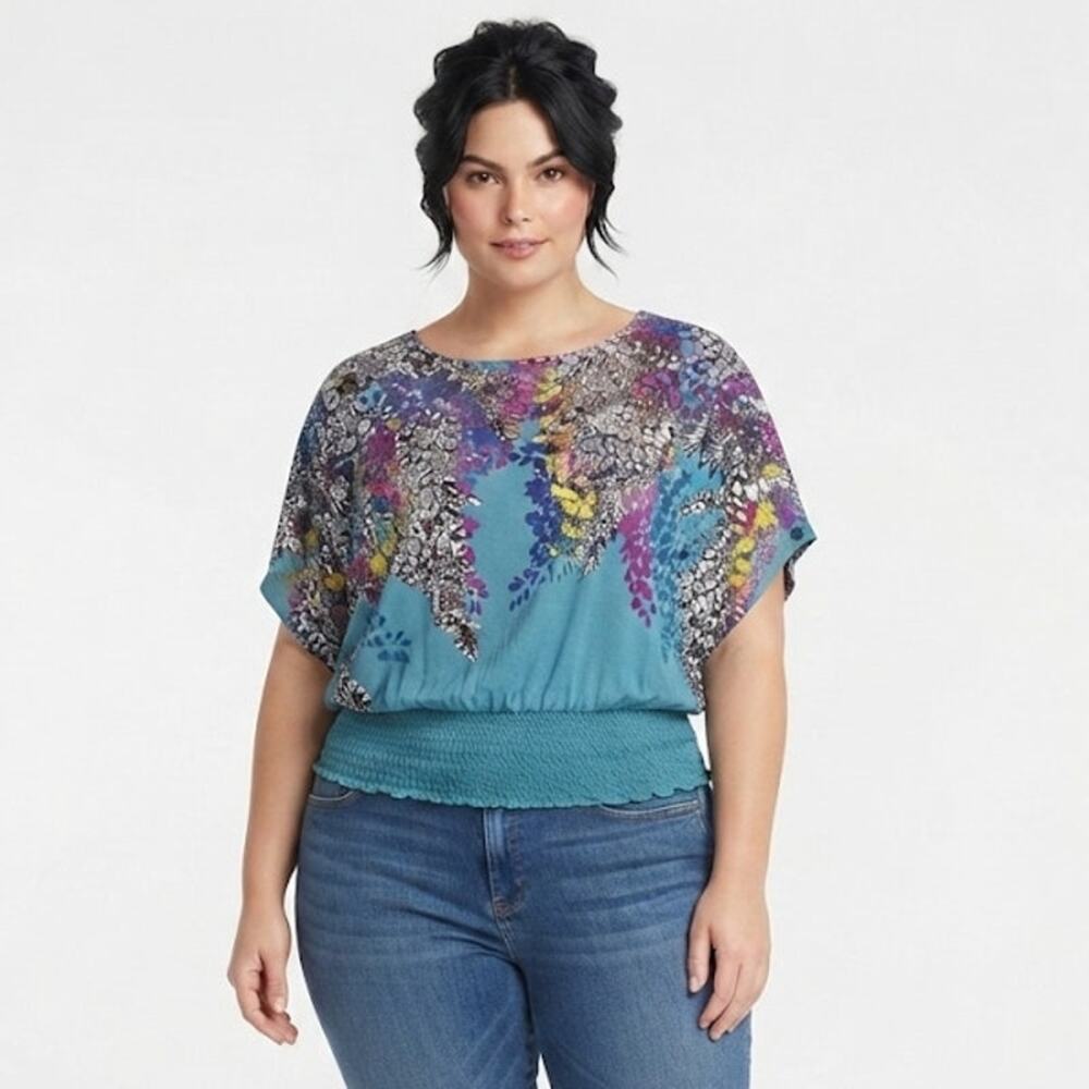 Sky's The Limit Floral Chiffon Blouse Dolman Sleeves Elastic Waistband Medium